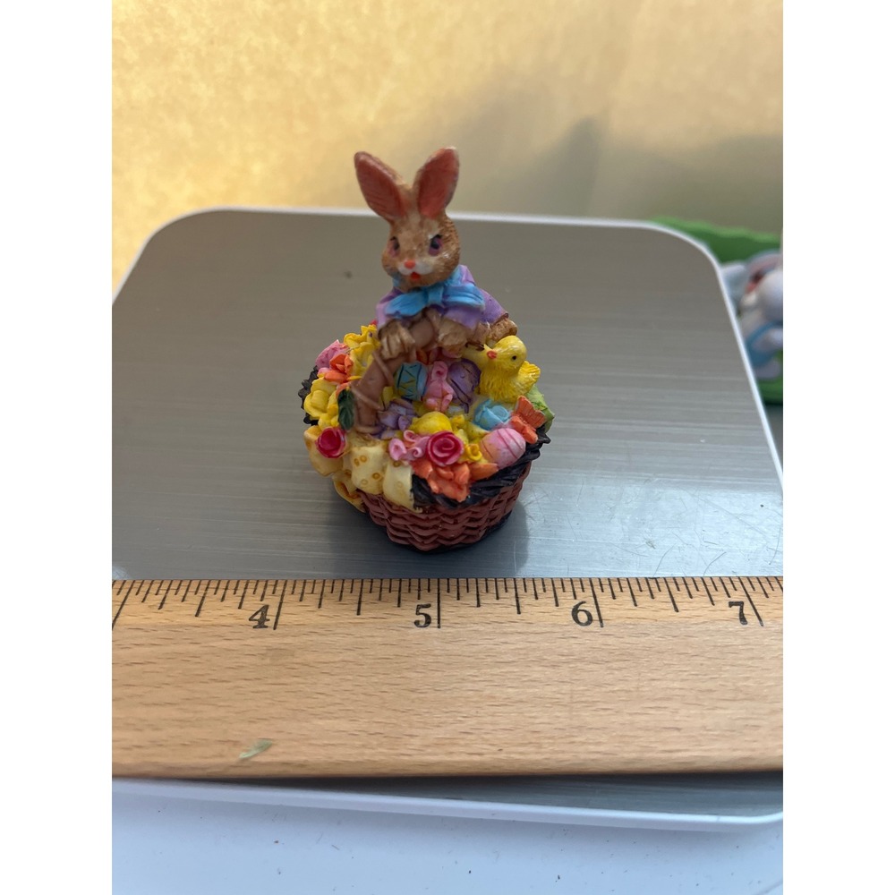Miniature Easter Bunny Figurine Resin Basket with Eggs Chicks and Flowers 2 Inch